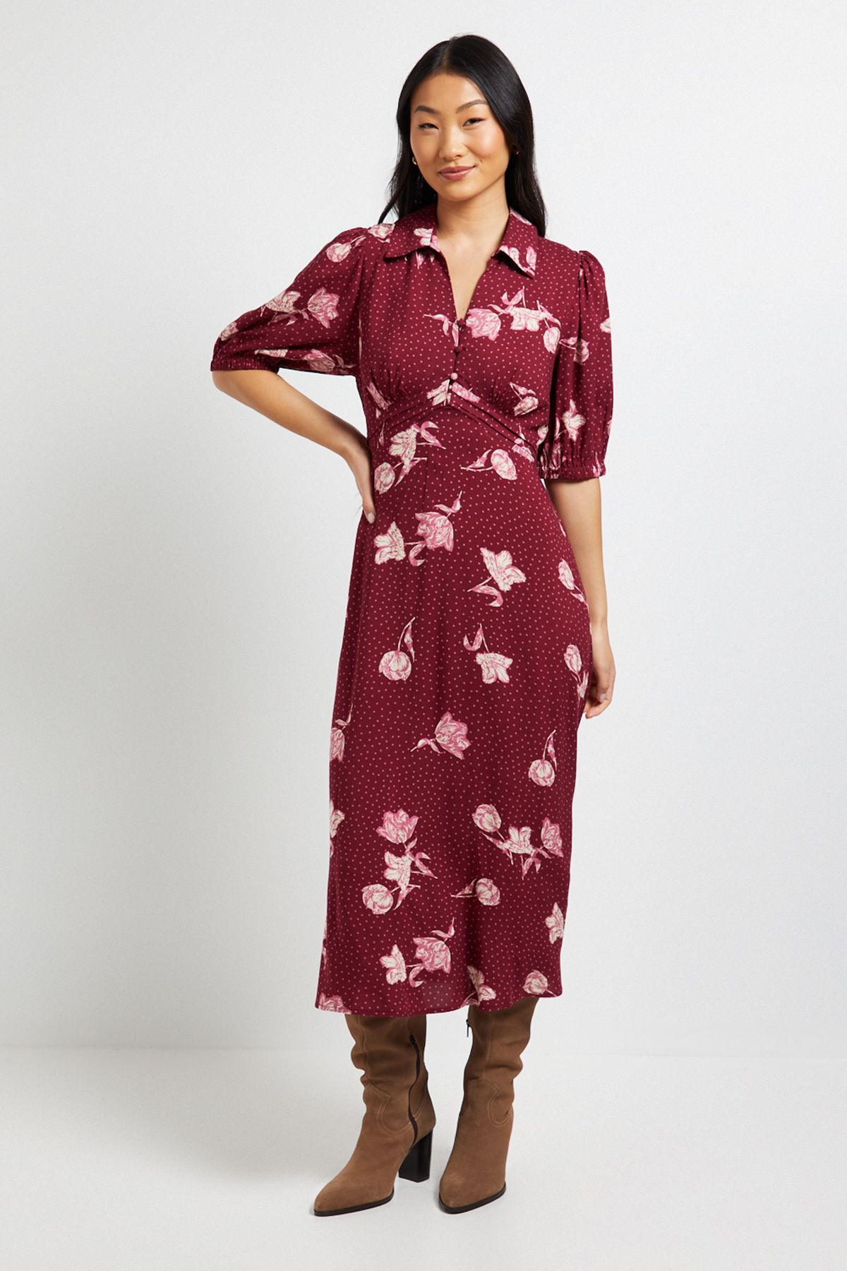Dorothy Perkins Petite Berry Floral Collared Button Detail Puff Sleeve Midi Dress Berry image 1