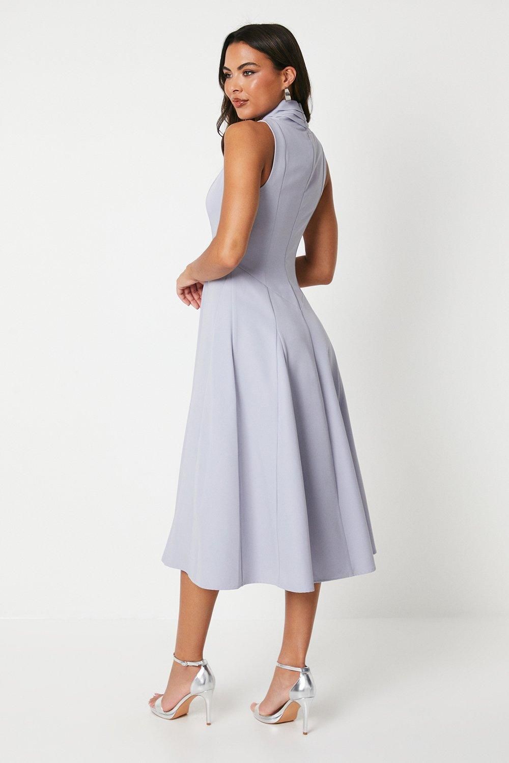 Coast Crepe Pleat Collar Full Skirt Midi Dress Blue image 3
