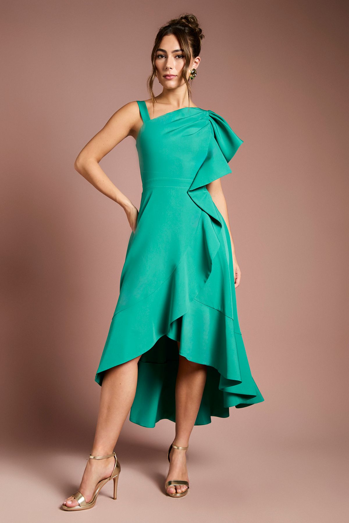 Coast One Shoulder Crepe Ruffle Midi Dress Teal image 1