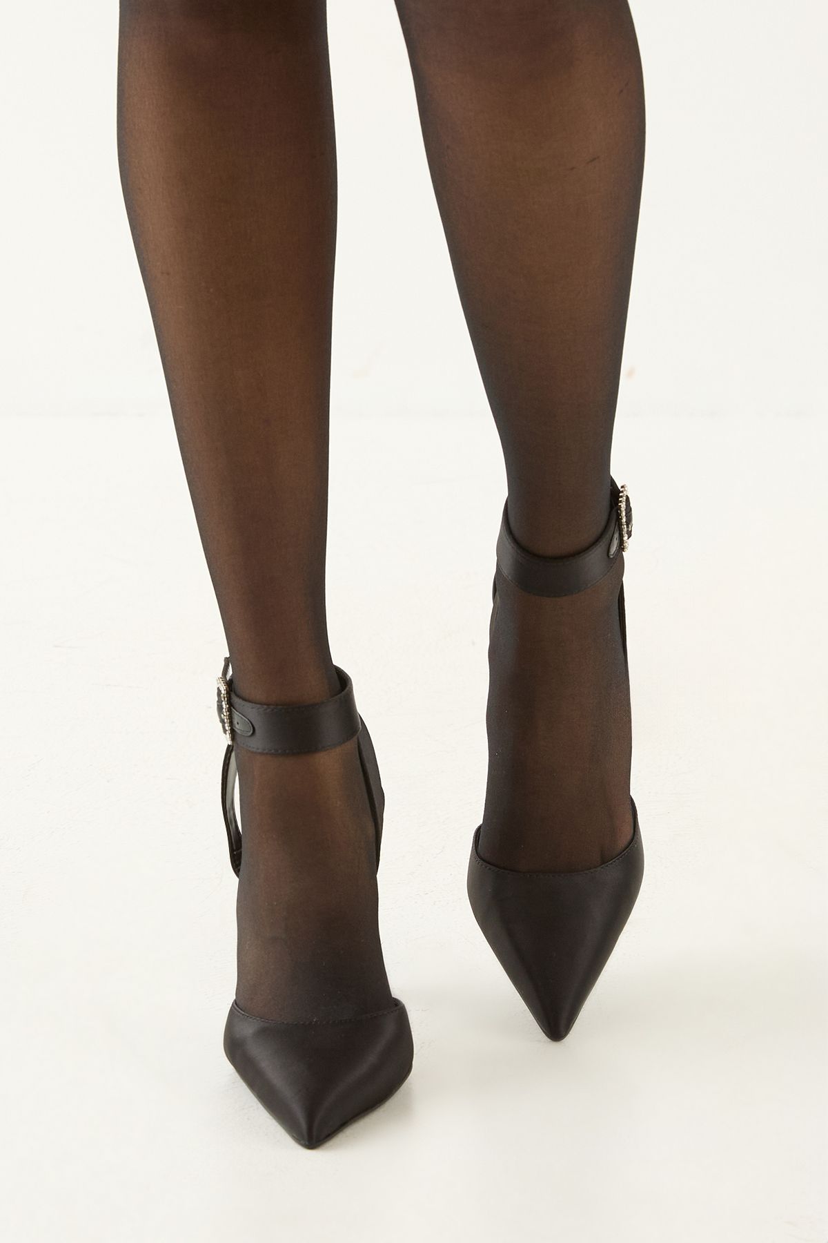 MissPap Satin Embellished Buckle High Flared Stiletto Court Shoes Black image 3