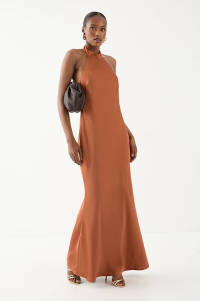 MissPap High Neck Satin Cowl Back Bridesmaid Dress Rust