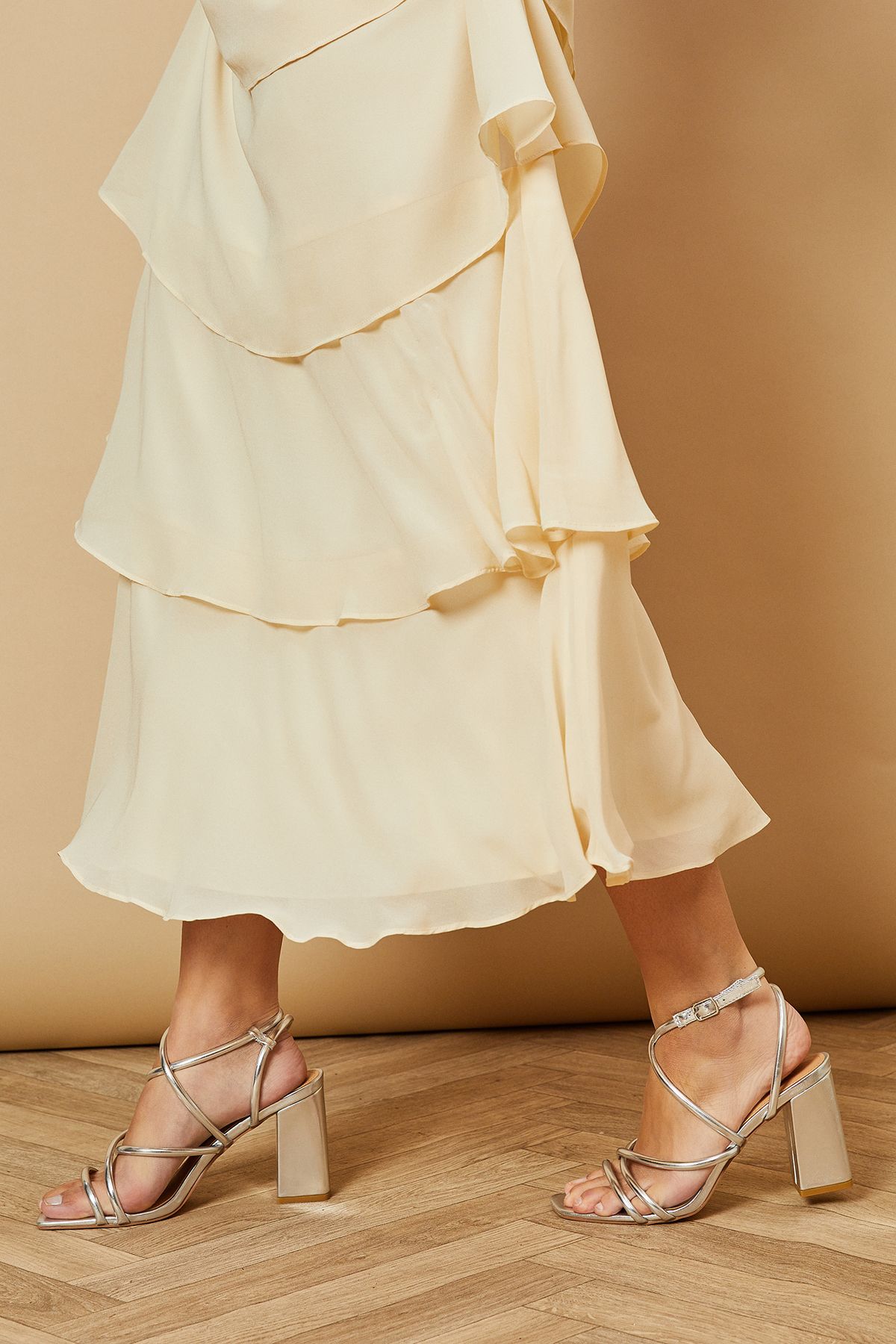 Oasis Molly Faux Leather Strappy High Block Heeled Sandals Silver image 3