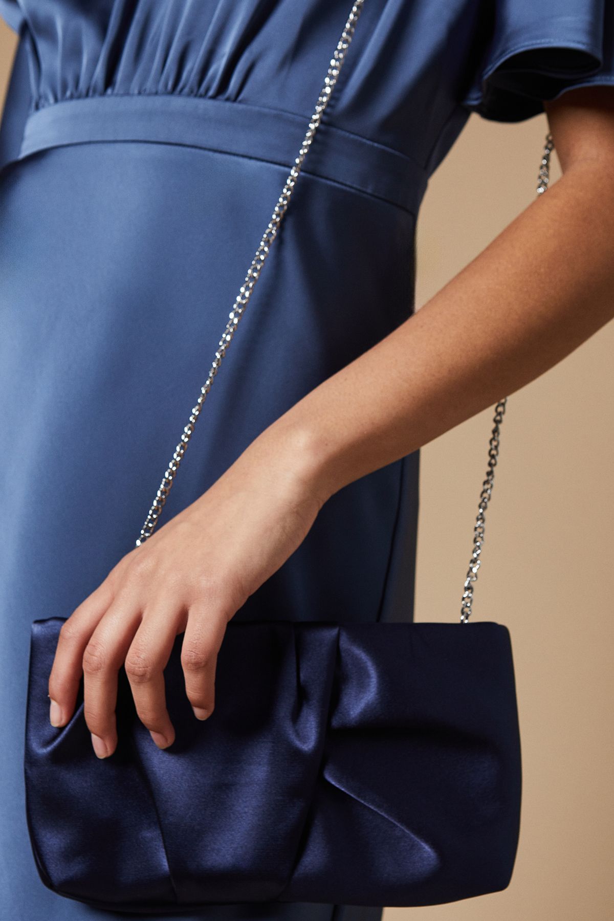 Oasis Ruched Satin clutch Bag with Removable Shoulder Strap Navy image 3