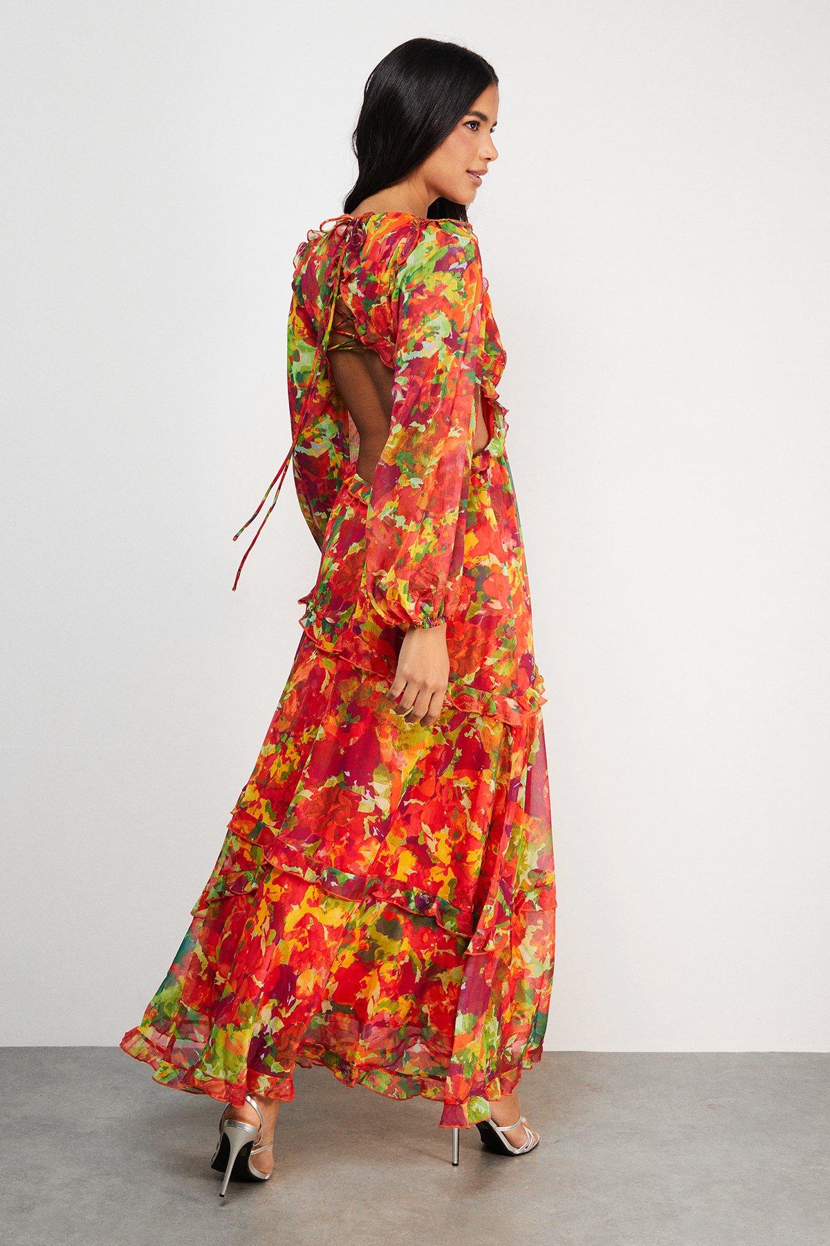 Warehouse Chiffon Cut Out Waist Ruffe Maxi Dress Floral image 3