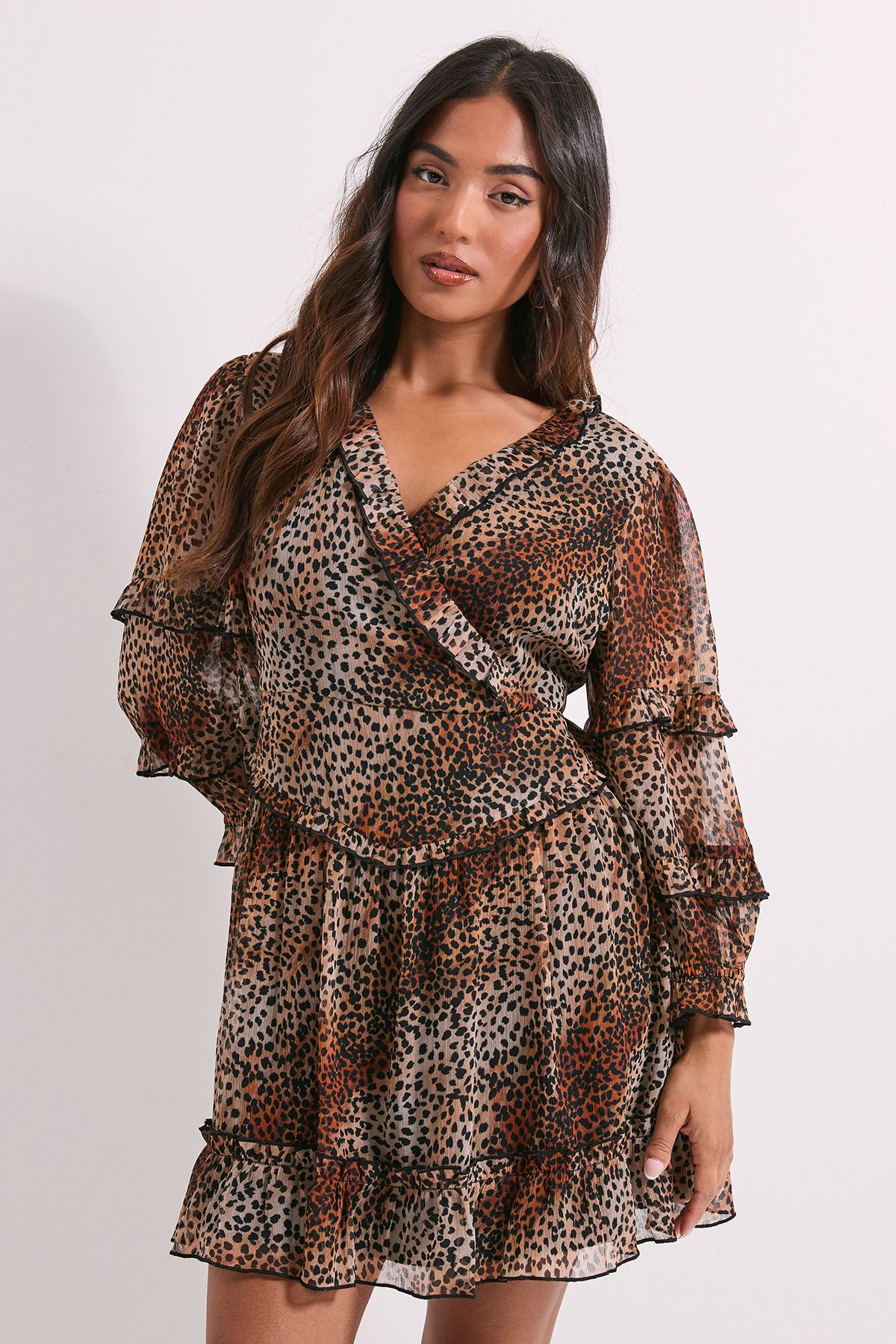Dorothy Perkins Petite Animal Ruffle Trim Wrap Front Printed Mini Dress Animal image 2