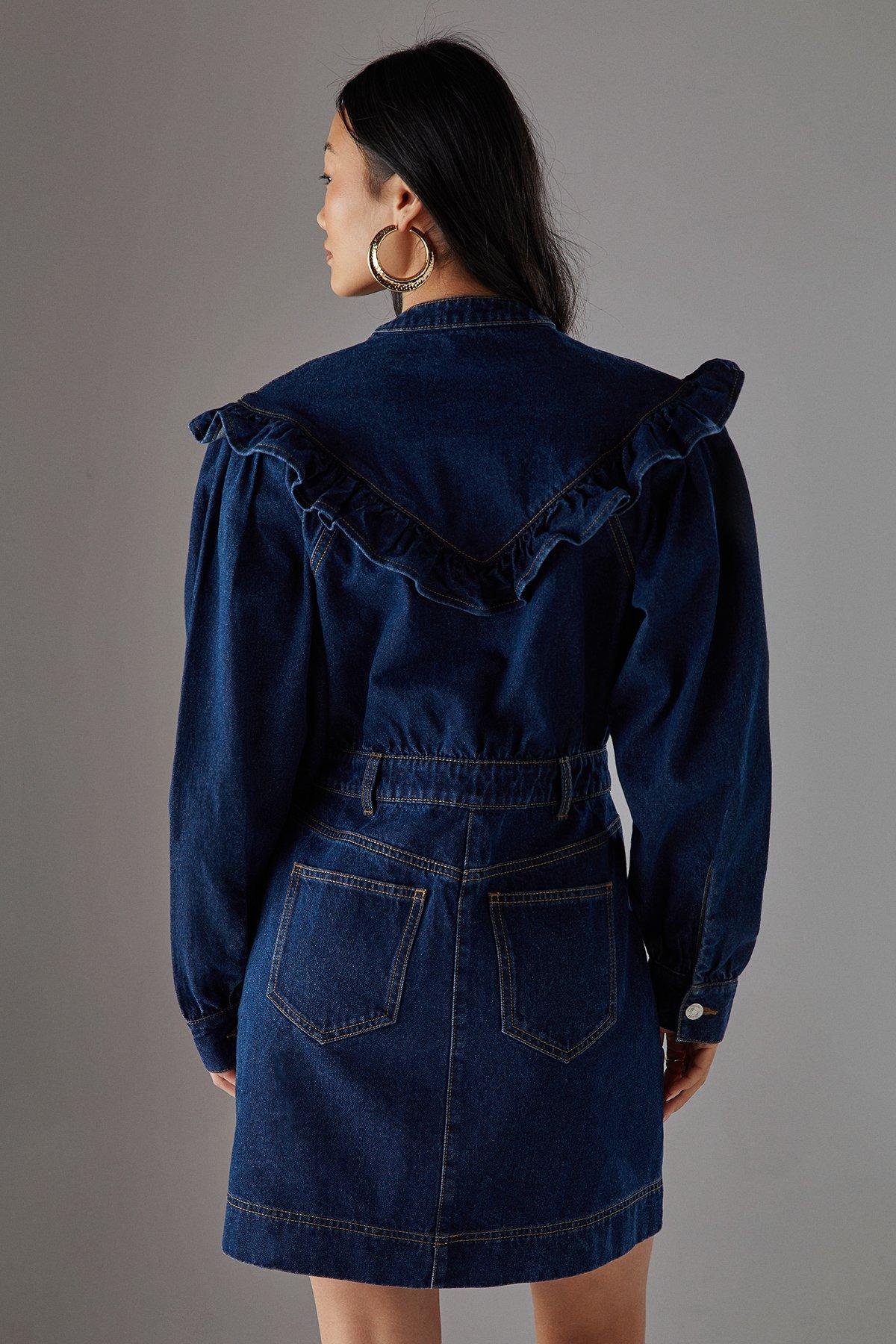 Warehouse Petite Denim Frill Yoke Relaxed Mini Shirt Dress Dark Wash image 4