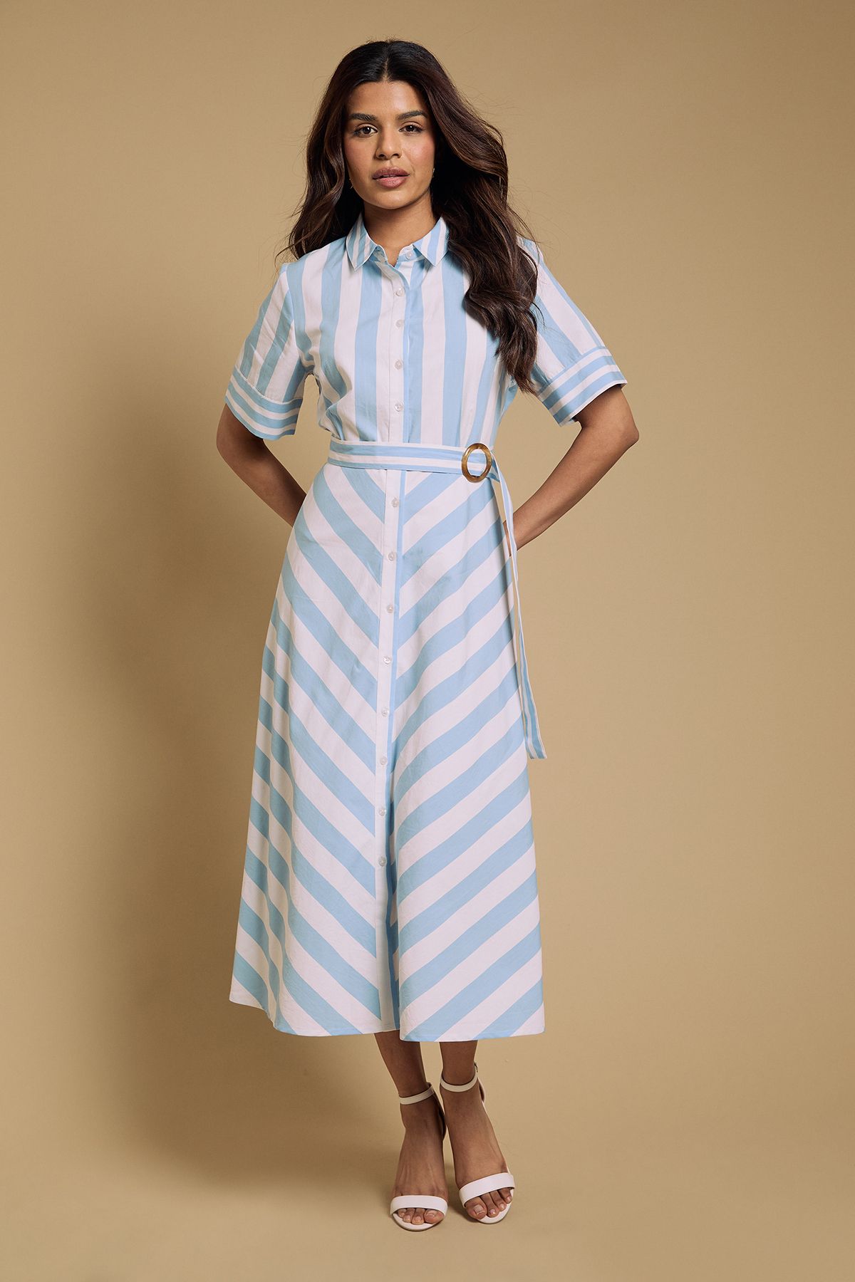 Dorothy Perkins Petite Belted Stripe Shirt Midi Dress Blue