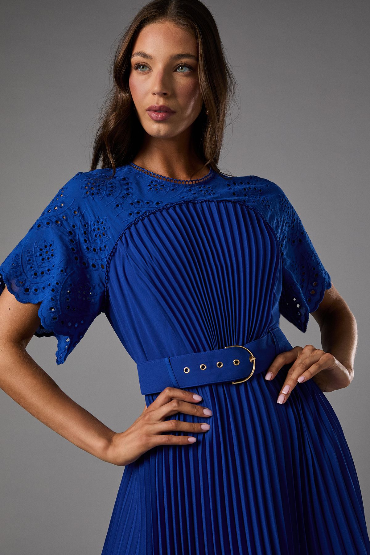 Coast Short Sleeve Pleated Chiffon Midi Dress With Broderie Trim Cobalt image 4