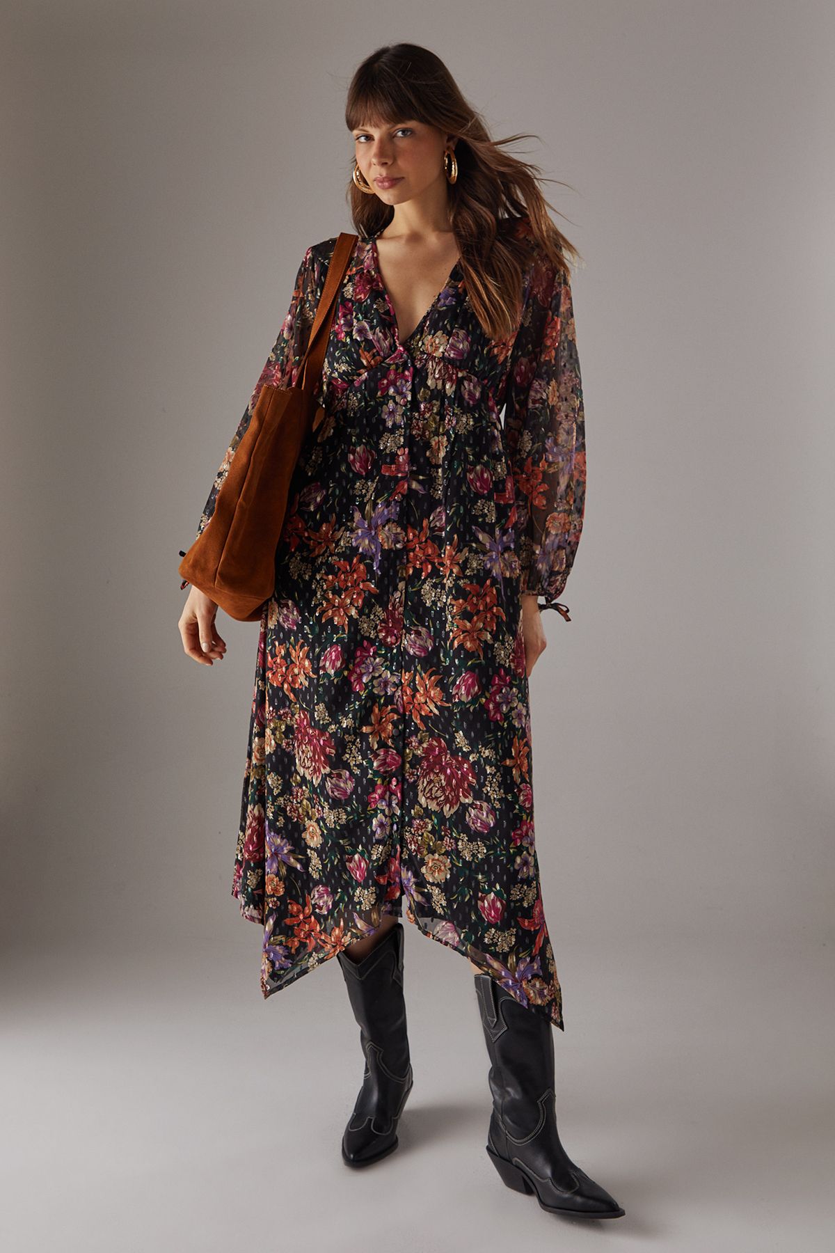 Warehouse Printed Metallic Chiffon Hanky Hem Midi Dress Floral image 1