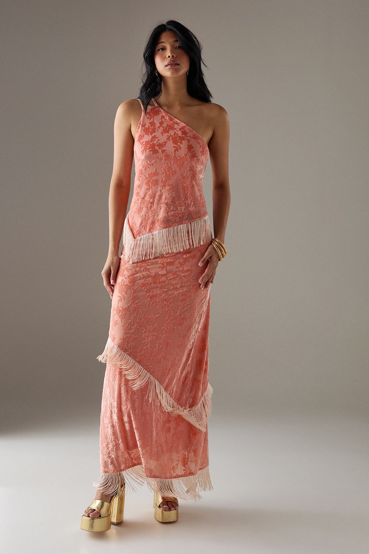 Warehouse Devore Fringe Detail Midi Skirt Pink image 1