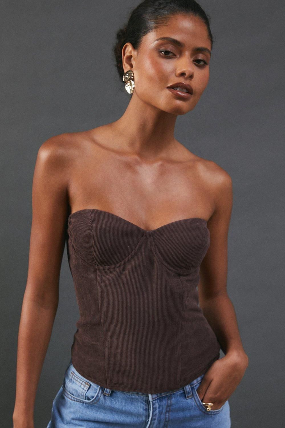 Warehouse Cord Bustier Top Chocolate image 4