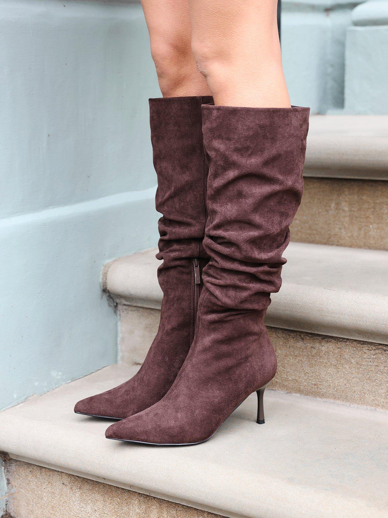 Linzi Rosenna Brown Suede Ruched High Leg Heeled Boot image 6