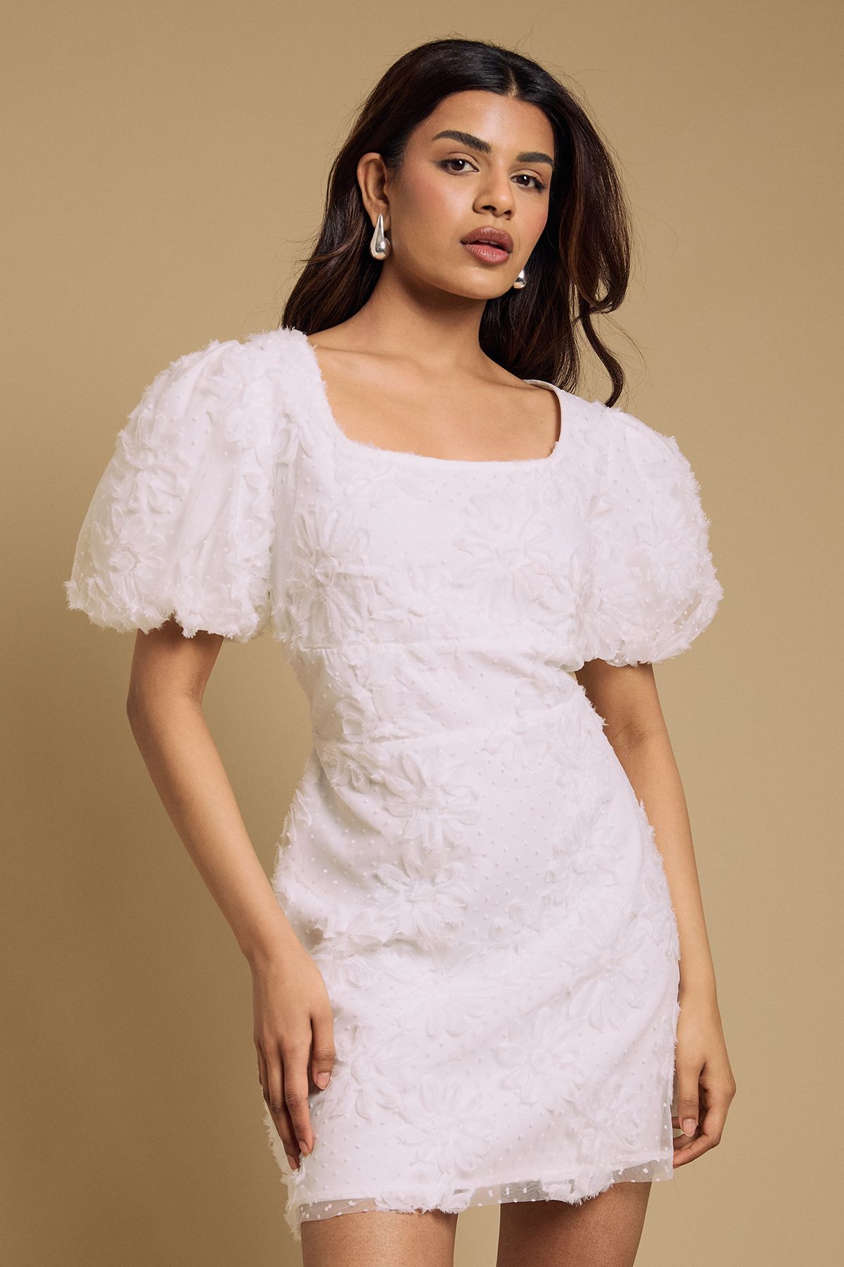 Oasis Petite Textured Tuelle Mini Dress Ivory