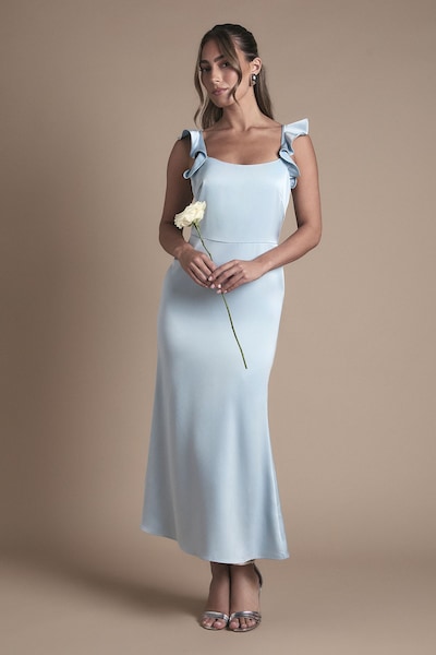 Oasis Oasis by Coast Ruffle Square Neck Satin Bridesmaid Midi Dress Light Blue