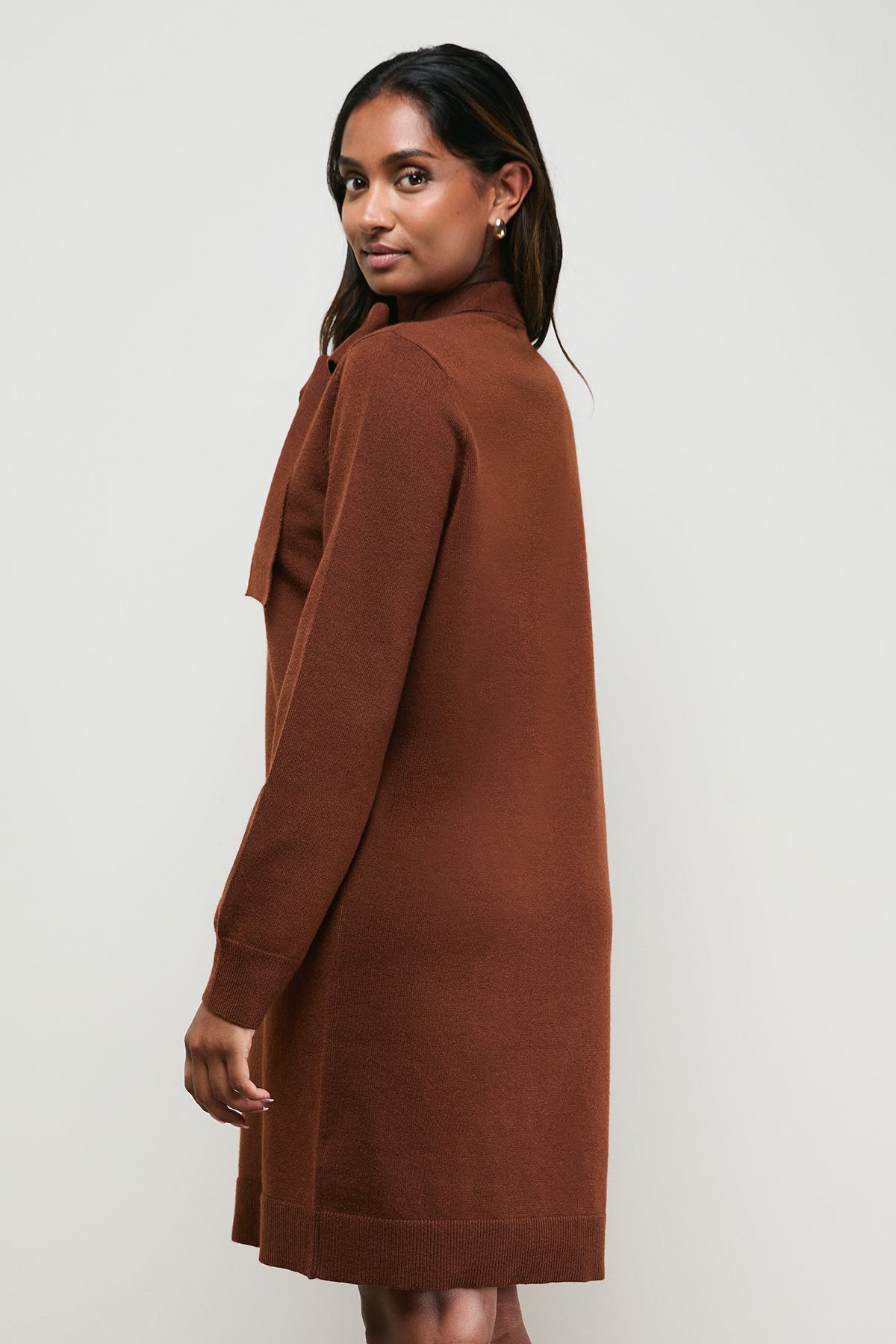 Oasis Pussy Bow Knitted Mini Dress Chocolate image 3