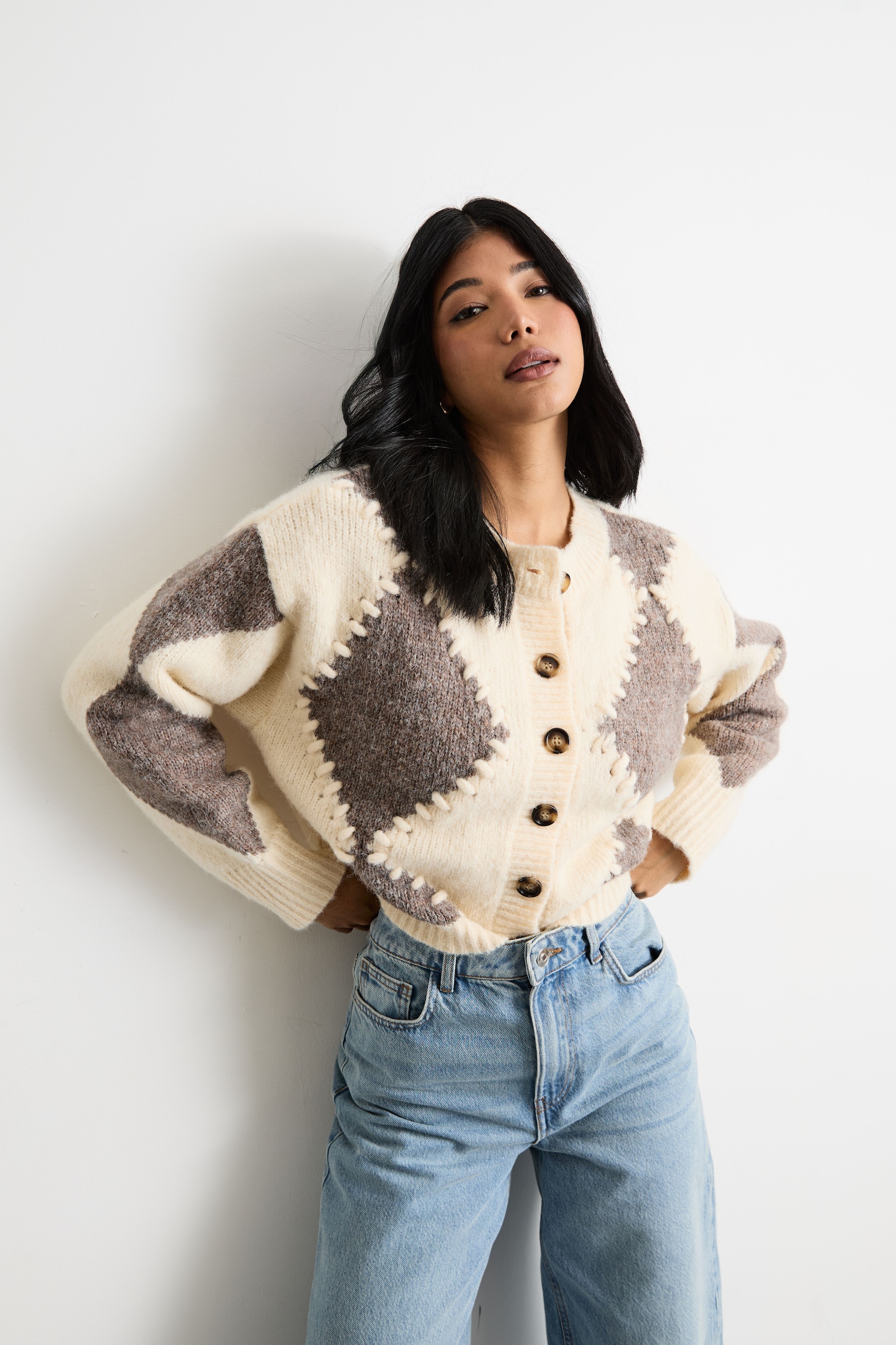 Warehouse Argyle Stitch Detail Cardigan Ivory image 2