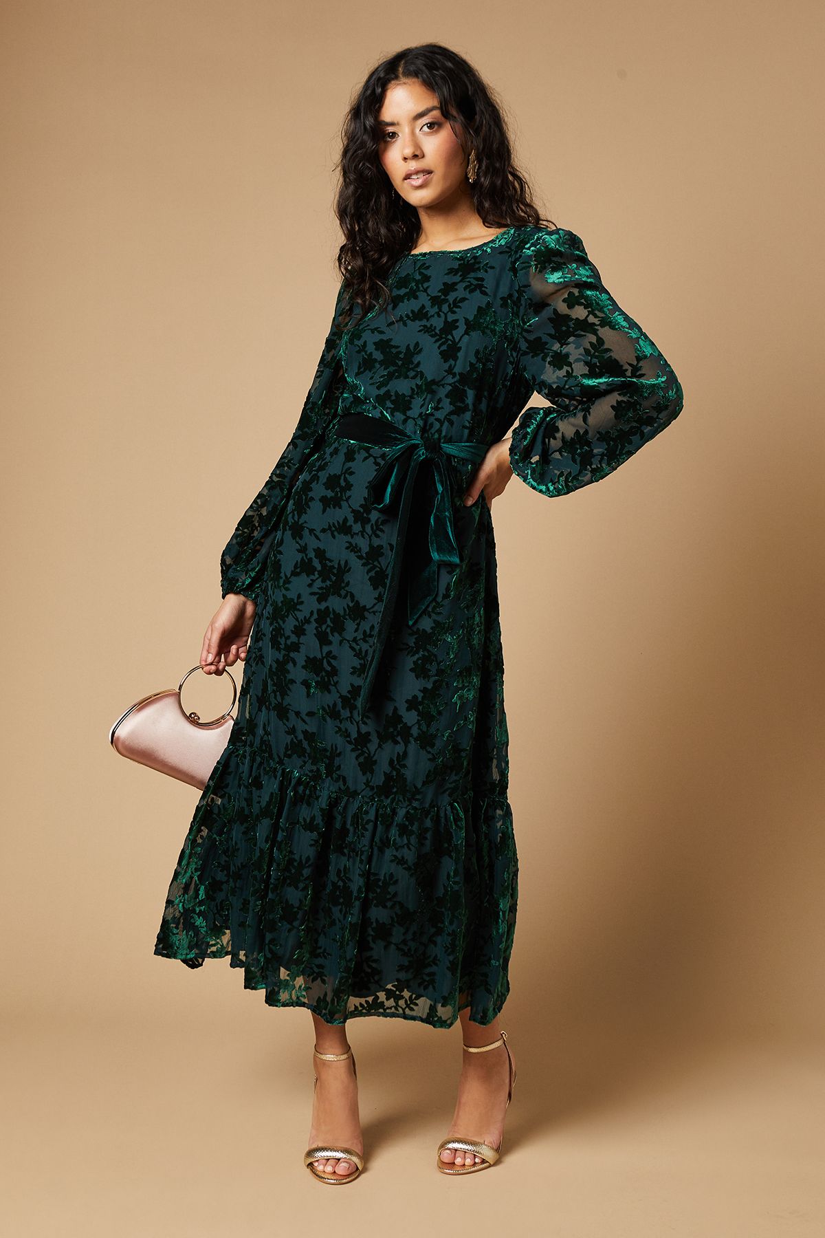 Oasis Petite Velvet Contrast Belted Maxi Dress Green image 1