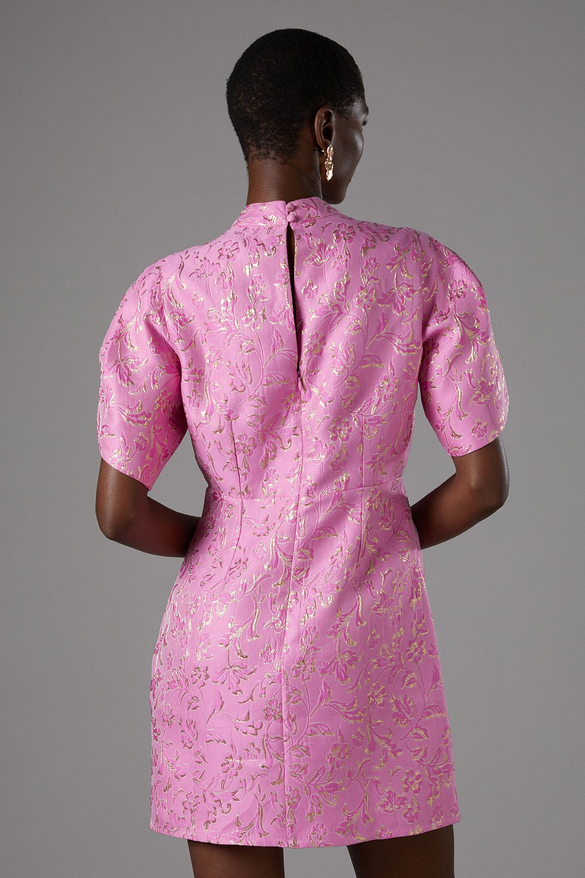 Coast Metallic Puff Sleeve Jacquard Mini Dress Bright Pink image 3