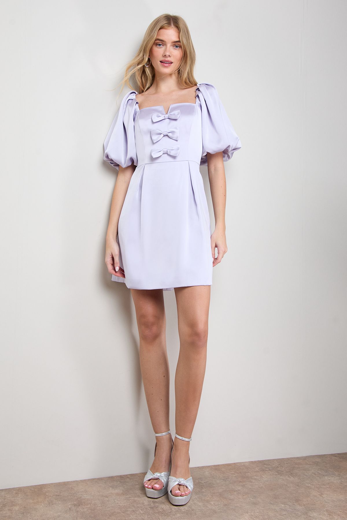 Oasis Satin Bow Front Square Neck Mini Dress Lilac image 2