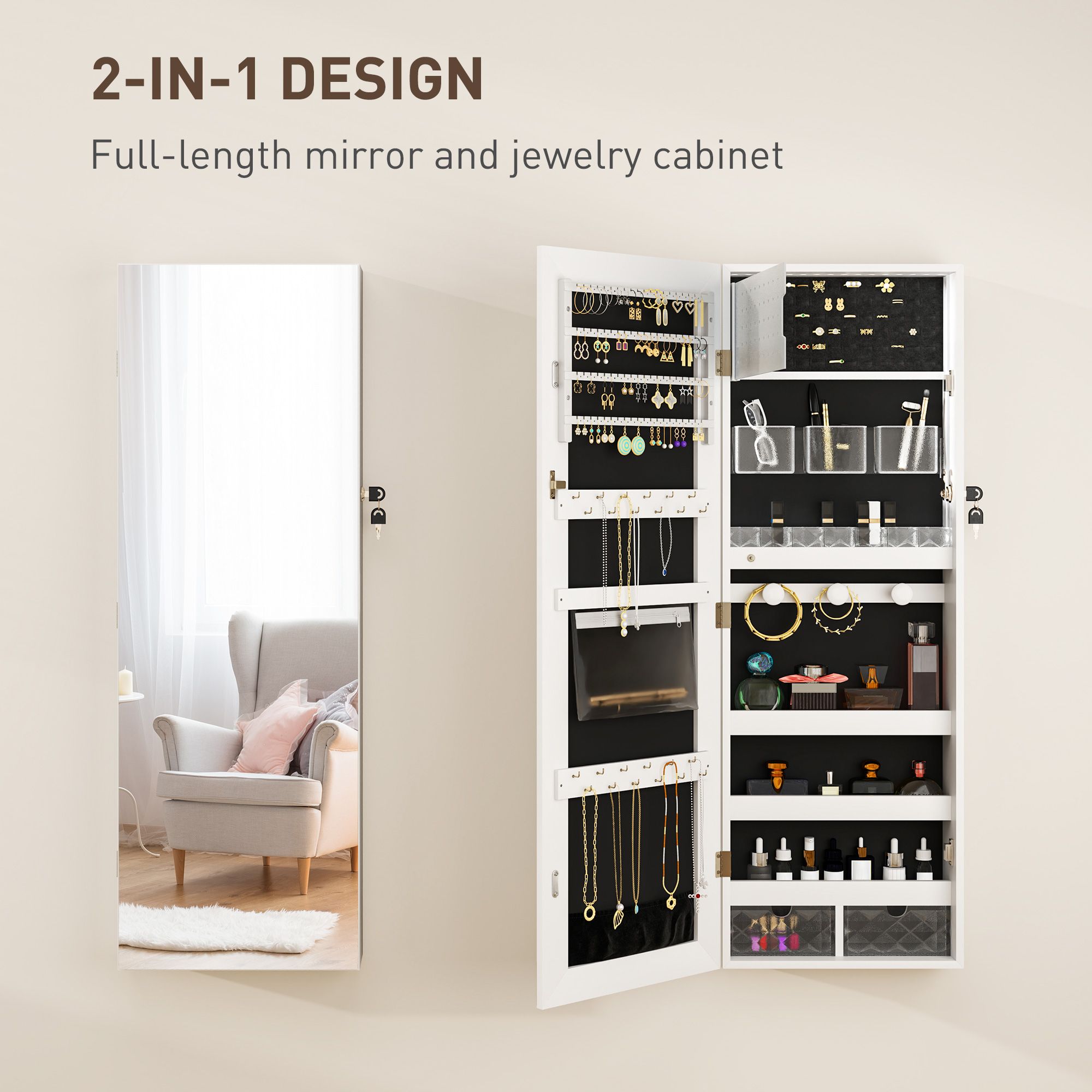 HOMCOM Jewellery Cabinet with LED Lights Full Length Mirror with Storage image 4