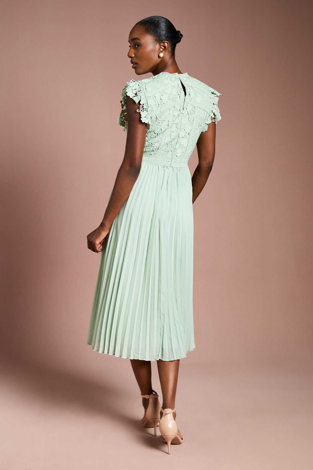 Coast Flutter Sleeve Lace Top Pleated Skirt Midi Dress Sage image 3