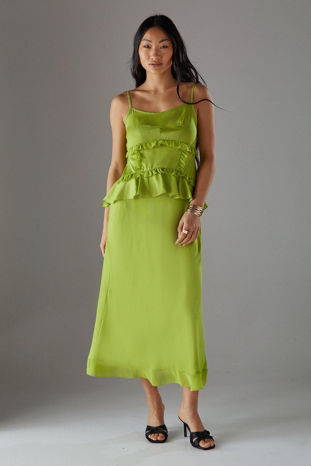 Warehouse Petite Satin Strappy Seam Detail Peplum Midi Dress Chartreuse image 2