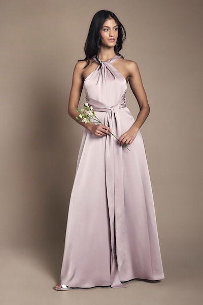 Coast Coast Honoured Petite Twist Halterneck Satin Maxi Bridesmaid Dress Dusty Rose
