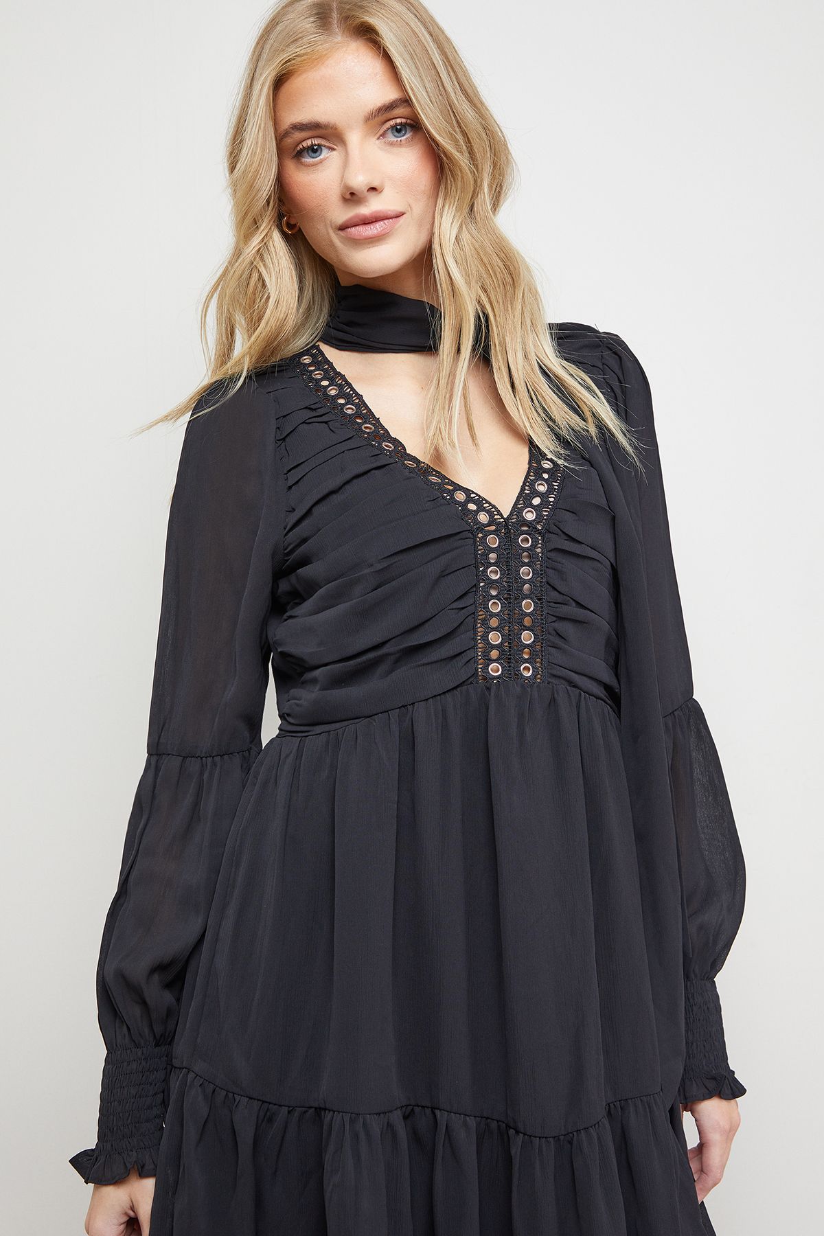 Oasis Ruched Bow Tie Mini Dress With Stud Trim Black image 4