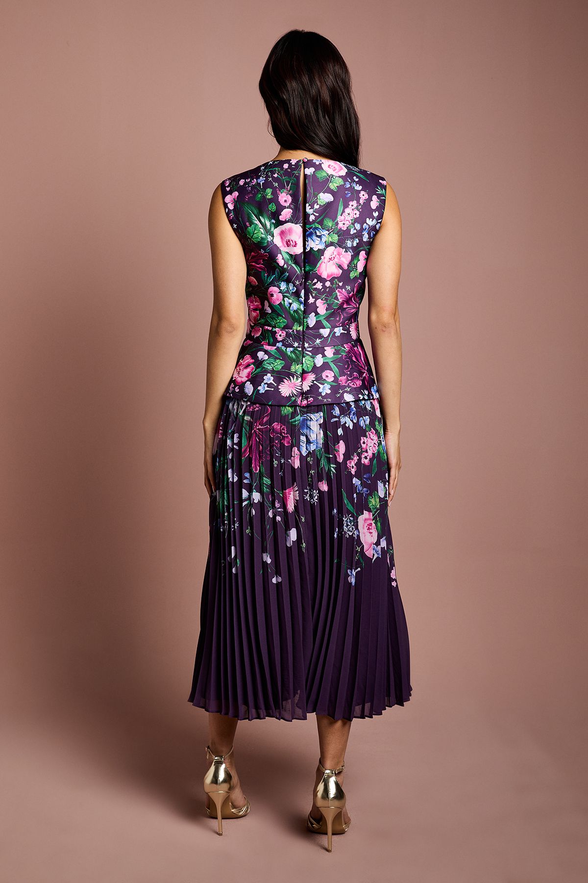 Coast Structured Satin Placement Print Pleated Skirt Midi Dress Berry image 3
