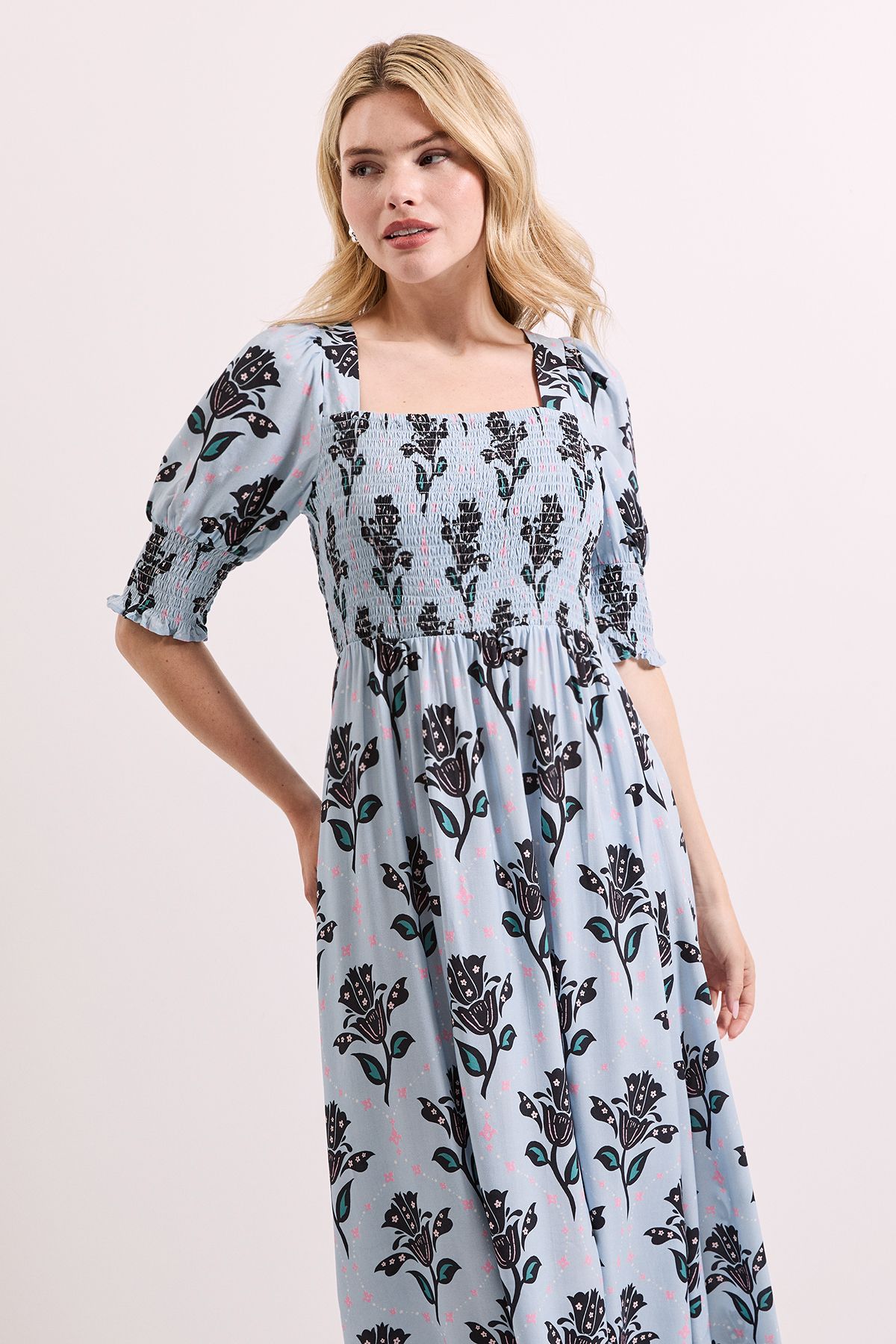 Dorothy Perkins Blue Floral Shirred Bodice Puff Sleeve Square Neck Midi Dress Blue image 2