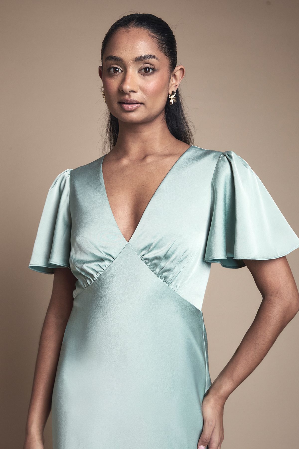 Oasis Deep V Fluted Sleeve Maxi Bridesmaid Dress Sage image 4