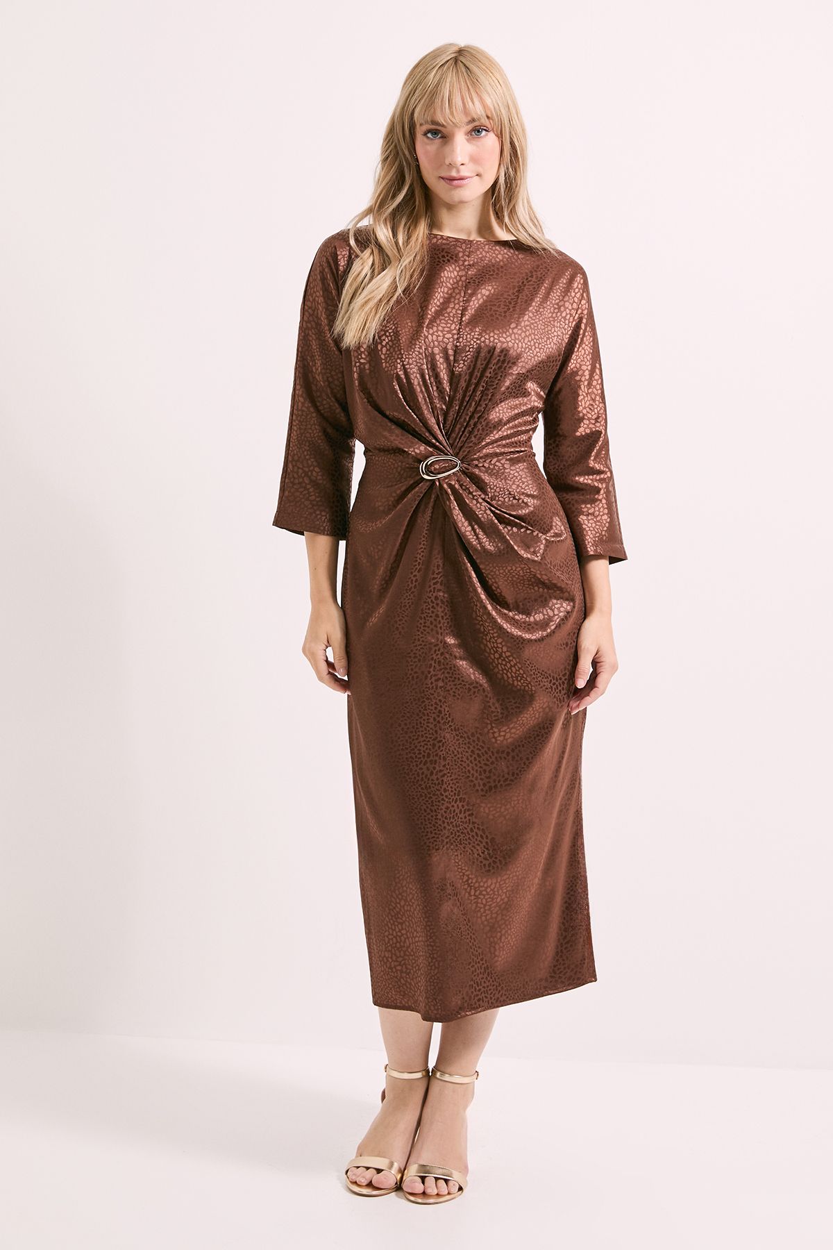 Principles Buckle Detail Twist Front Satin Jacquard Midi Dress Brown image 1