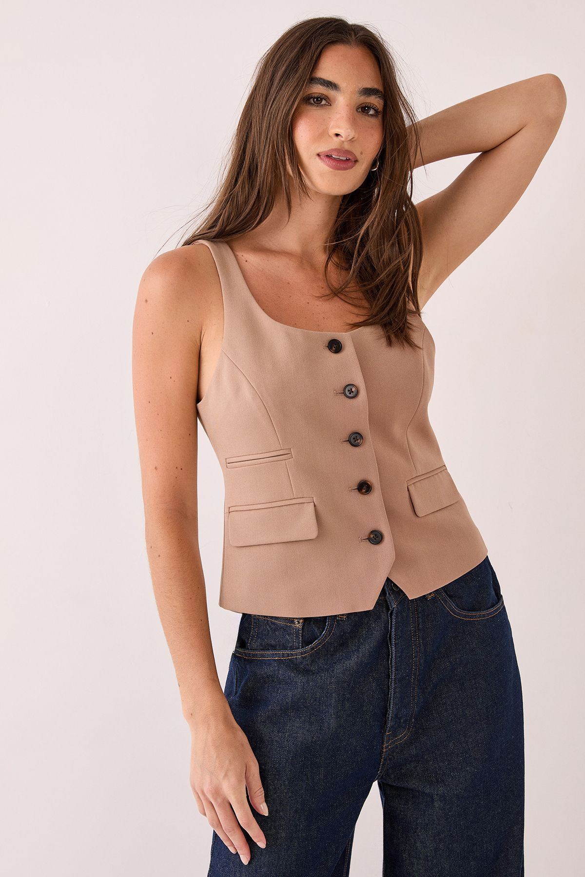 NastyGal Tailored Scoop Neck Button Through Waistcoat Taupe image 3