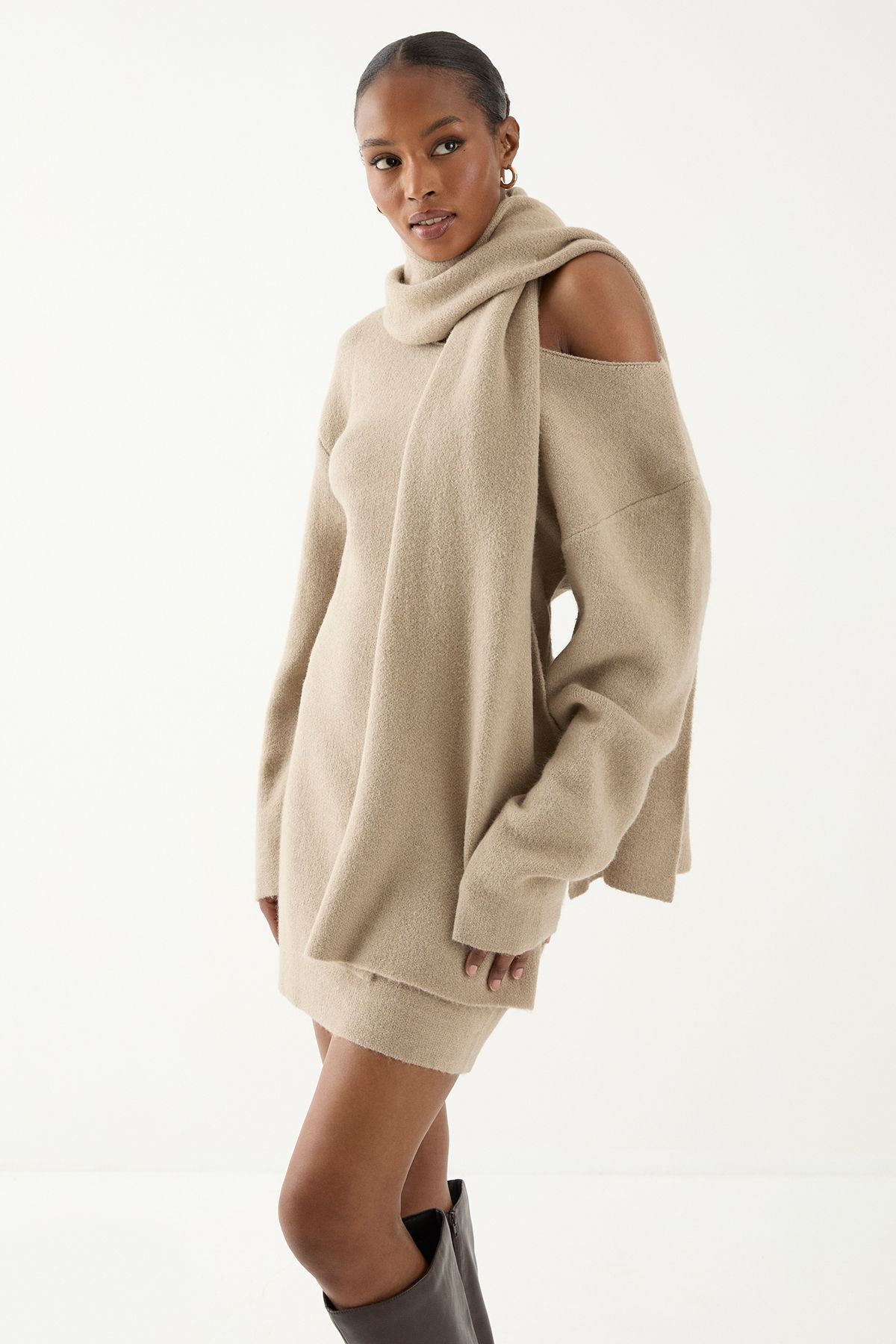 MissPap Knitted Slash Neck Scarf Detail Mini Dress Oatmeal image 2