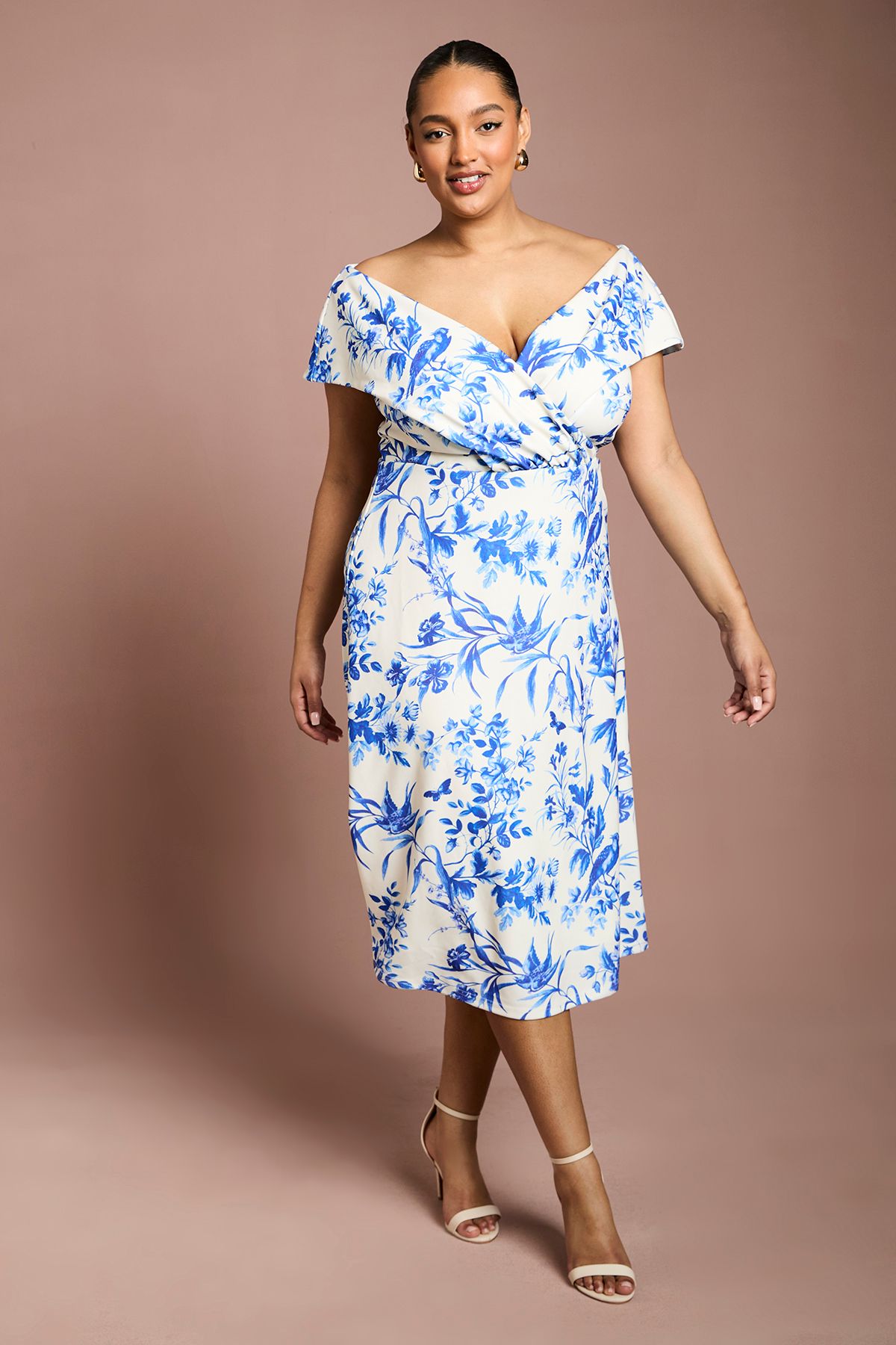 Coast Plus Printed Bardot Midi Dress In Floral Print Ivory