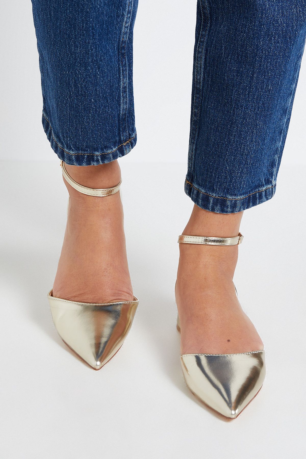 Dorothy Perkins Bennie Faux Leather Pointed Low Block Heel Court Shoes Gold image 2