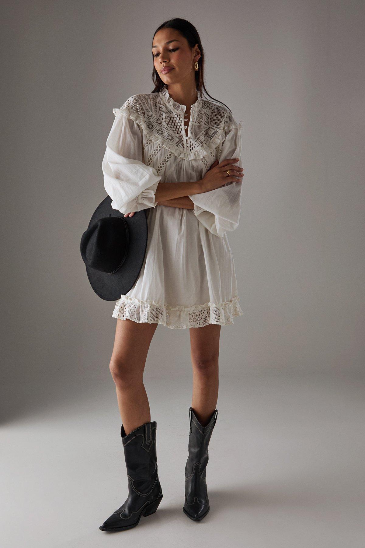 Warehouse HCD Cotton Lace Insert Mini Smock Dress Cream image 1