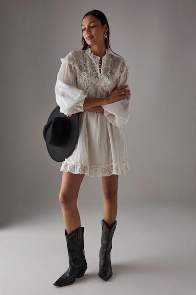 Warehouse HCD Cotton Lace Insert Mini Smock Dress Cream