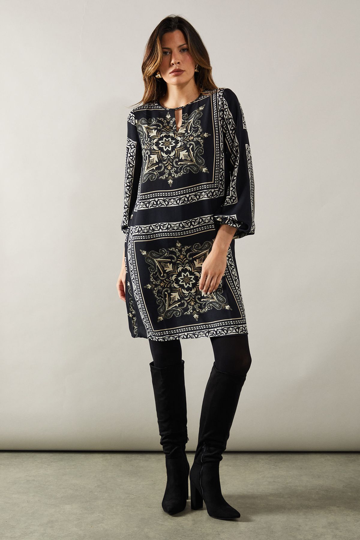 Oasis Kenia Faux Suede High Block Heel Pointed Knee Boot Natural Black image 2