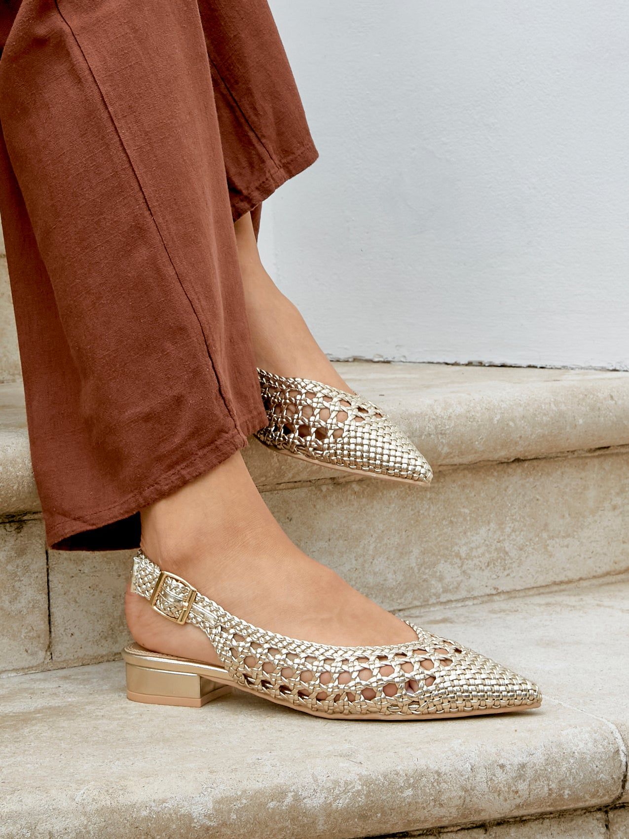 Linzi Carolina Gold Faux Leather Woven Ballet Flats image 6