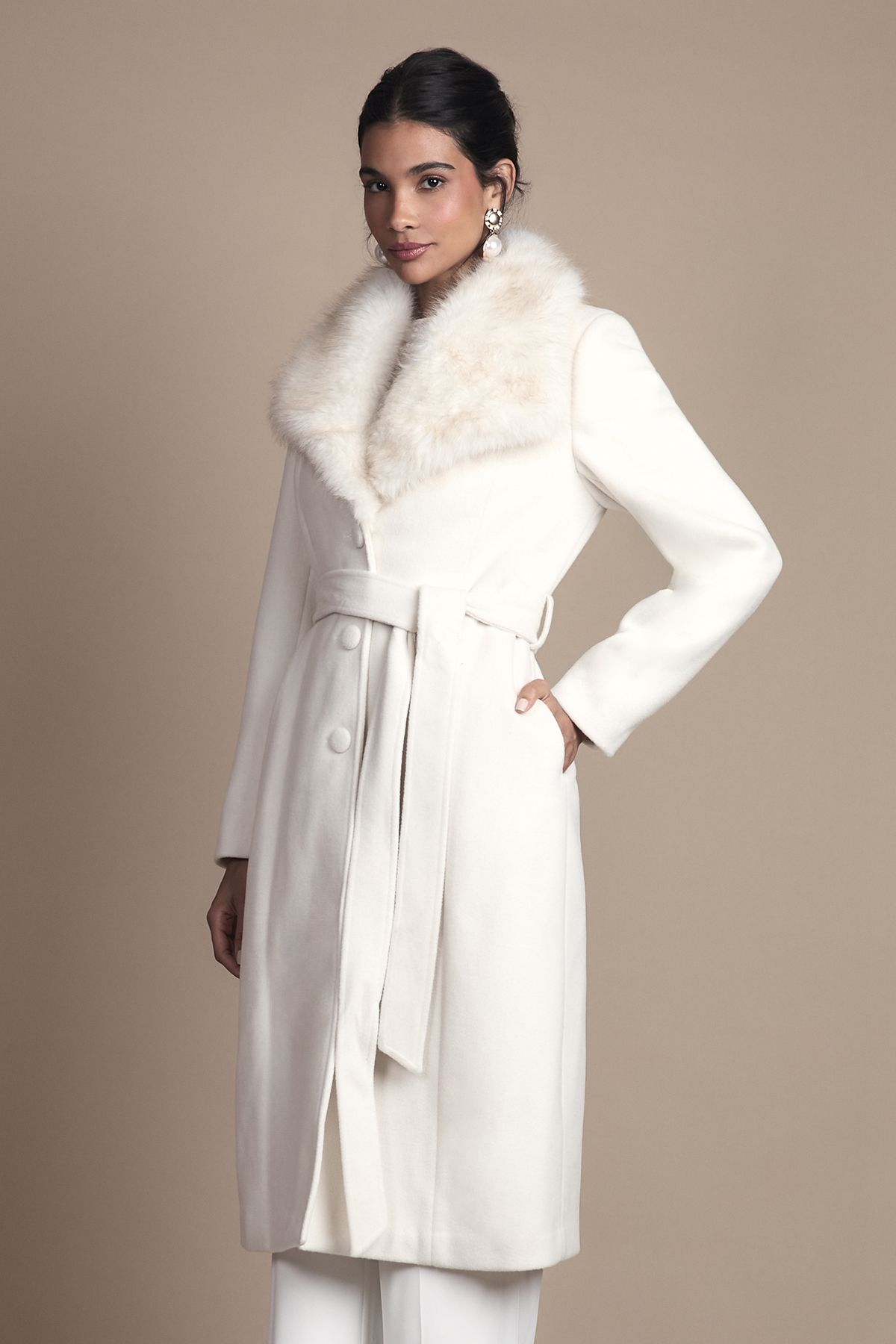Coast Ivory Faux Fur Collar Occasion Belted Midi Coat Ivory image 2