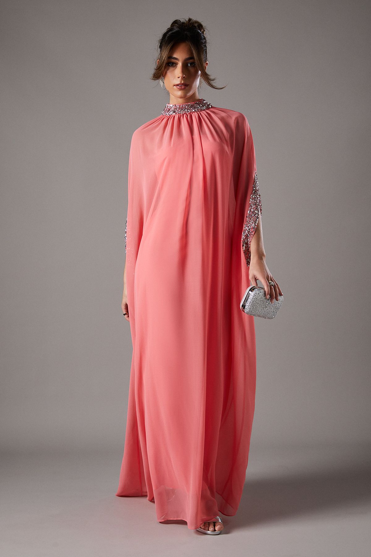 Coast Chiffon Cape Style Sequin Maxi Dress Coral