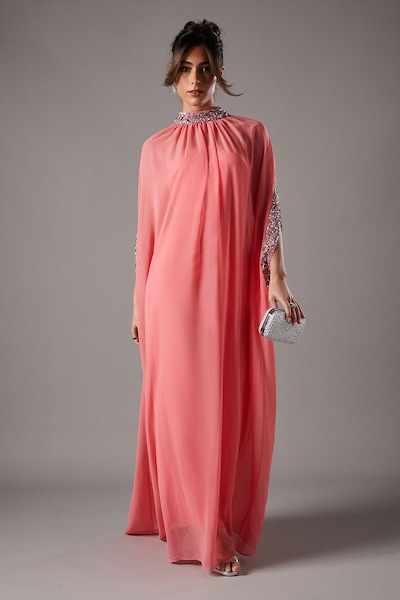 Coast Chiffon Cape Style Sequin Maxi Dress Coral