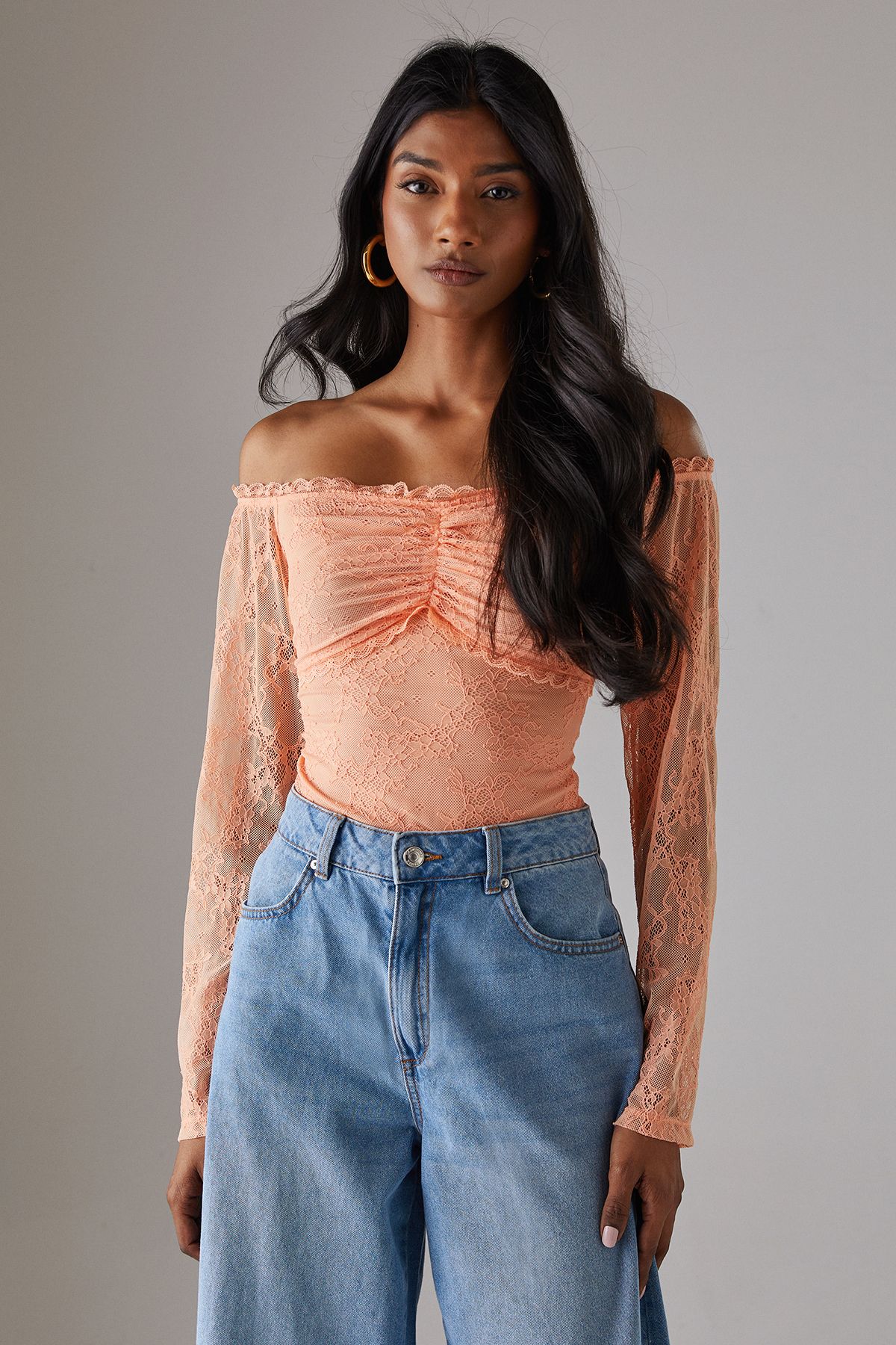 Warehouse Lace Bardot Bow Detail Bodysuit Peach image 1