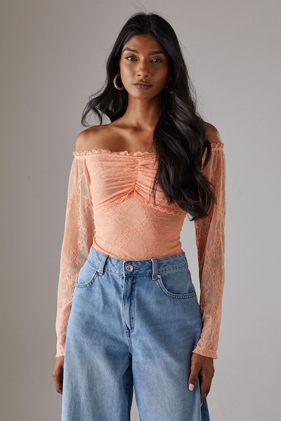 Warehouse Lace Bardot Bow Detail Bodysuit Peach