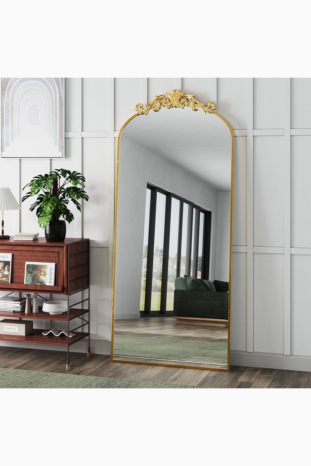 Living and Home 80cm W x 180cm H Vintage-Inspired Gold Floral Carved Metal Framed Arch Full-Length Mirror image 1