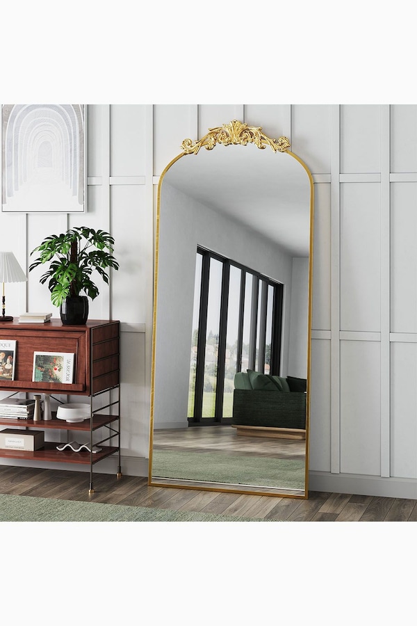 Living and Home 80cm W x 180cm H Vintage-Inspired Gold Floral Carved Metal Framed Arch Full-Length Mirror