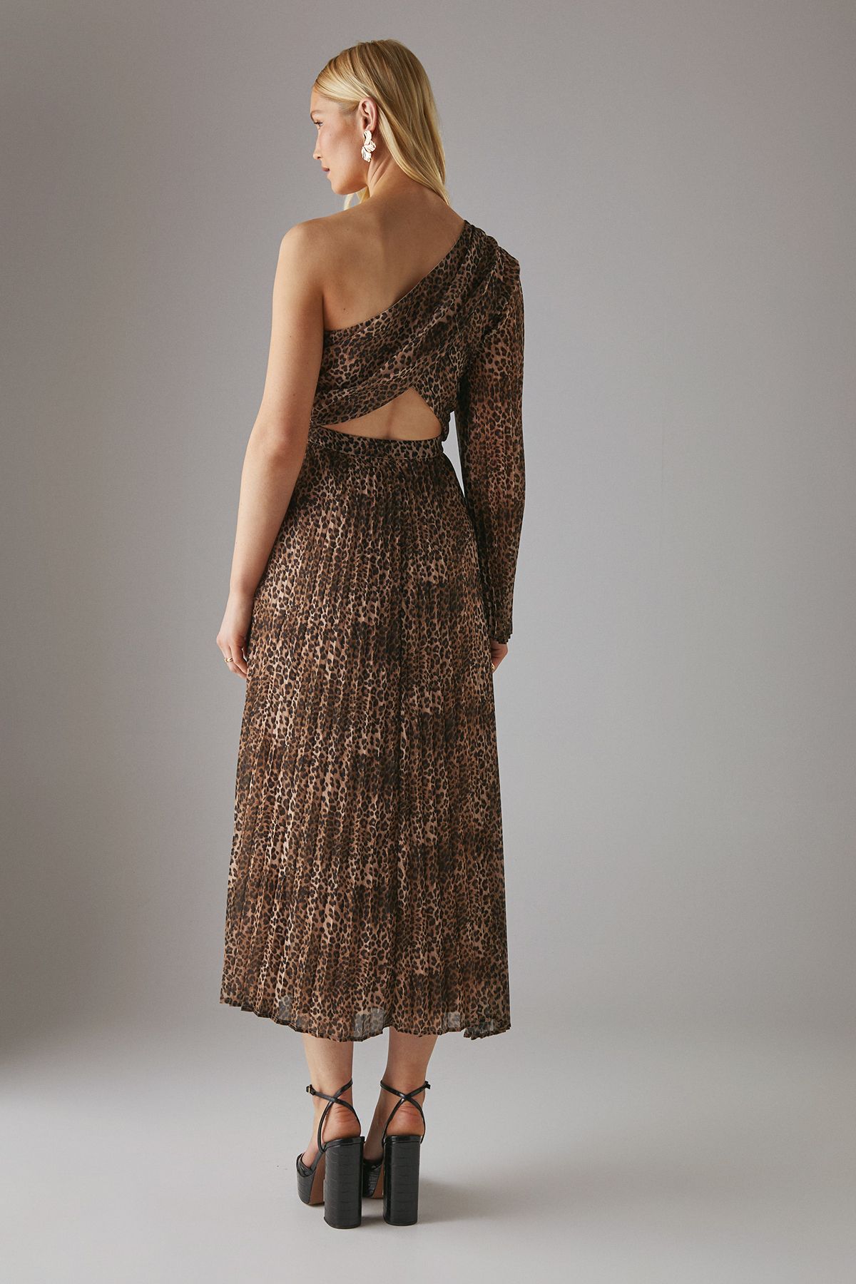 Warehouse Chiffon Pleated One Shoulder Cut Out Midi Dress Animal image 3
