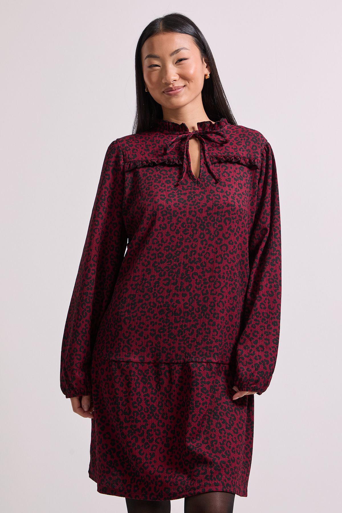 Dorothy Perkins Petite Brown Animal Tie Neck Tiered Smock Jersey Mini Dress Brown image 2