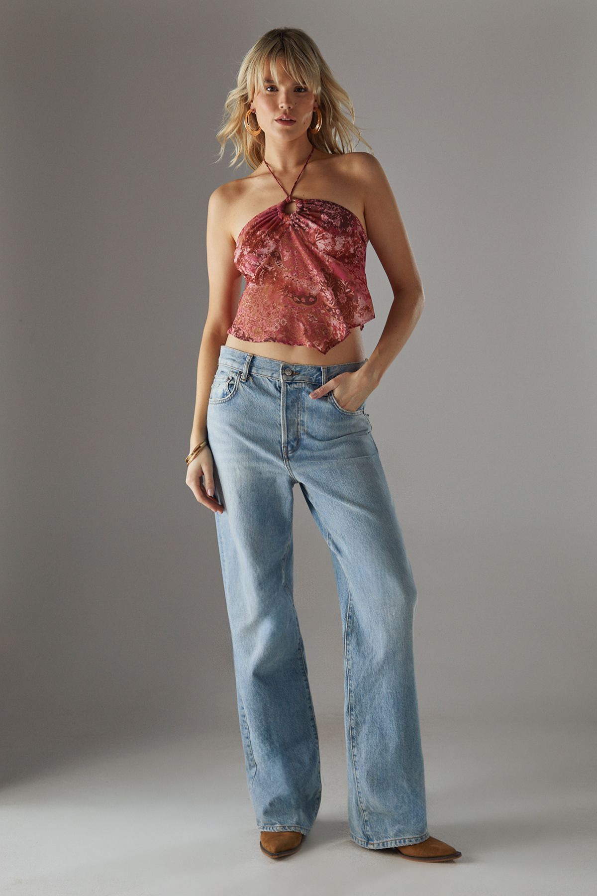 Warehouse Chiffon Halter Keyhole Crop Top Multi image 3